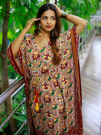statuesque Maroon Patola Printed Gaji Silk Festival Wear Readymade Kaftan